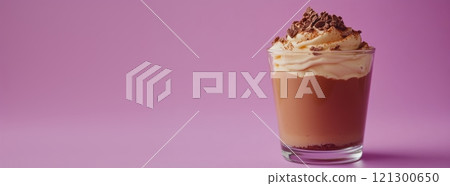 Creamy chocolate dessert in glass topped with whipped cream and chocolate shavings, set against vibrant purple background. 121300650