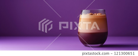 Layered dessert, cream pudding in a glass against purple background 121300651