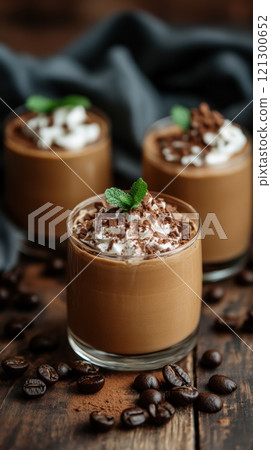 Three glasses of chocolate mousse, whipped coffee hot drink topped with whipped cream, chocolate shavings, and mint leaf, on wooden table 121300652