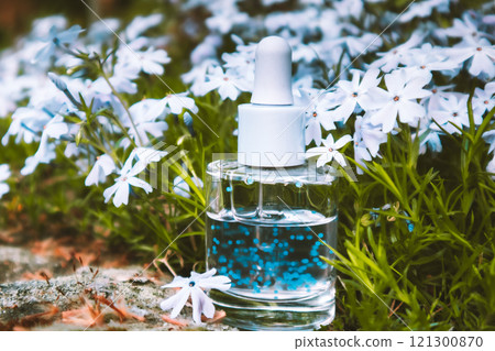 Glass serum cosmetic bottle Essential oil among violet flowers. Natural skincare Glass serum cosmetic bottle Essential oil among violet flowers. Natural skincare 121300870