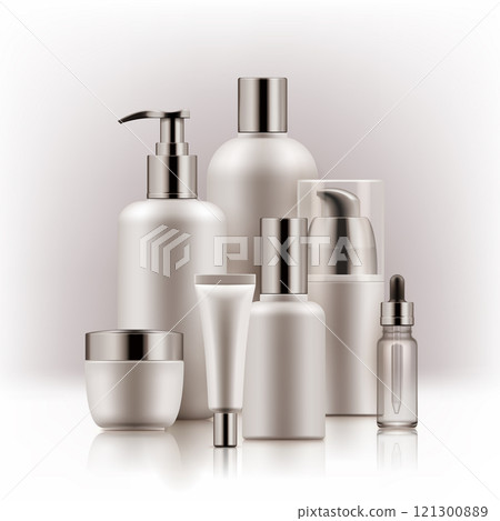 Realistic luxury premium brand set of cosmetic bottles, mockup, 3D 121300889