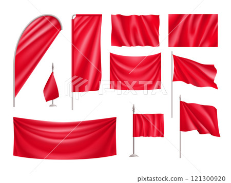 Red rectangular flags set isolated on white 121300920