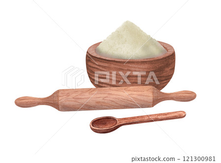 Wooden handcraft bowl with flour, rolling pin and spoon watercolor illustration. Natural kitchen utensils with wood texture perfect for cooking food, dough. Composition for recipe design 121300981