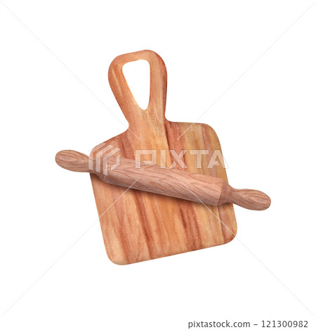 Wooden cutting board with smooth edges. Old handmade light brown food utensil. Horizontal surface. Chopping board with wood texture and handle. Top view. Watercolor illustration. Copy space for text. 121300982