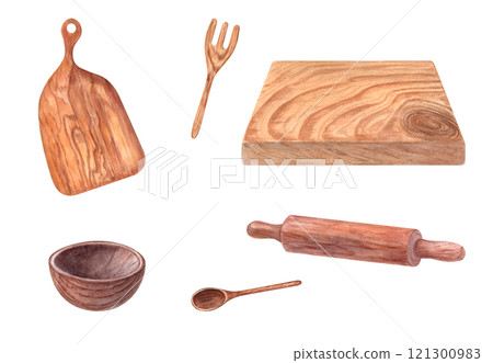 Wooden empty bowls clip art watercolor illustration in rustic style. Kitchen dark brown utensil for cereal, Acai. Cooking handmade tools for food. Template for home decor, cookbook, recipe Wooden empty bowls clip art watercolor illustration in rustic style. Kitchen dark brown utensil for cereal, Acai. Cooking handmade tools for food. Template for home decor, cookbook, recipe 121300983