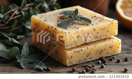 Handcrafted natural oregano soap bars on a wooden table. 121301010