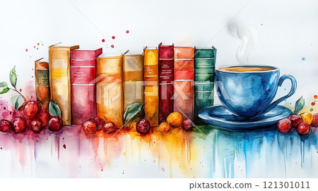 Watercolor abstract line art of books and a coffee cup. 121301011