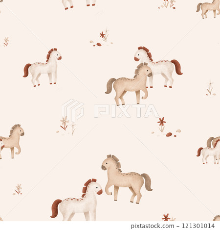 Seamless pattern with cute horse and flowers and stones in minimalist scandinavian style. Cartoon animals for children's design . Hand drawn illustration of beige and grey horse with maroon mane. Seamless pattern with cute horse and flowers and stones in minimalist scandinavian style. Cartoon animals for children's design . Hand drawn illustration of beige and grey horse with maroon mane. 121301014