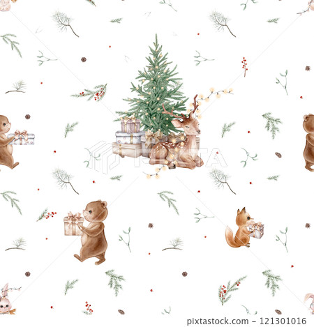 Seamless pattern with watercolor illustration of Christmas tree and pine branches, needle and baby deer with garland. Hand painted animals: bear and fox and hare with scarves. Repeat background. Seamless pattern with watercolor illustration of Christmas tree and pine branches, needle and baby deer with garland. Hand painted animals: bear and fox and hare with scarves. Repeat background. 121301016