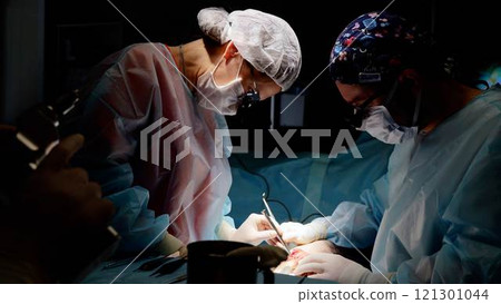 Modern operating room skilled surgeon and assistants carry out complex procedure. Contemporary medicine precision collaboration dedication involved saving lives surgery modern medicine. 121301044