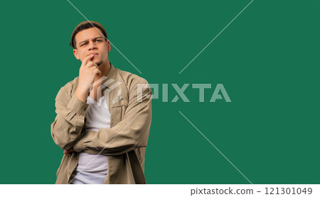 Worried thinking around hipster man,green. Confused student guy searching answer 121301049