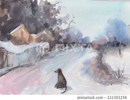 fantasy winter landscape with lonely dog fantasy winter landscape with lonely dog 121301256