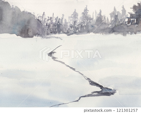 Winter landscape with unfrozen stream Winter landscape with unfrozen stream 121301257