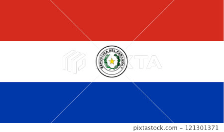 Paraguay flag in official colors, dimensions and aspect ratio. Vector flag symbolizing national pride, identity, heritage, patriotism and authority 121301371
