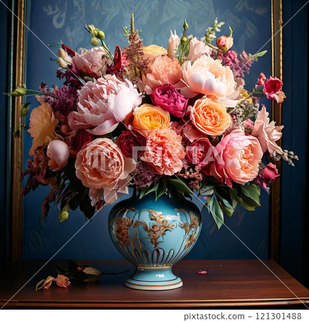 Soft lighting, rich colors, detailed floral patterns, intricate details, delicate leaf 121301488