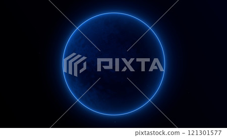 Blue energy glowing sphere with liquid surface texture on dark universe background. Metallic pattern planet in space. Plasma magic core with floated near by particles. 121301577