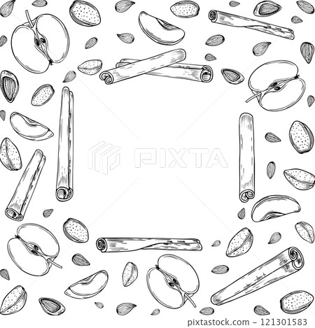 Almond, apple slice and cinnamon sticks square frame with empty space for text. Aromatic seasoning with fresh fruits, nuts monochrome illustration hand painted by black inks for greetings, label. 121301583