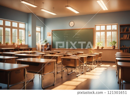 School empty classroom with desks and chair iron wood for studying lessons in high school, interior of secondary education, with whiteboard, vintage tone educational concept. First day in school. AI 121301651