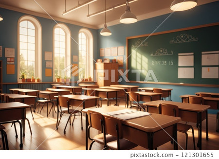 School empty classroom with desks and chair iron wood for studying lessons in high school, interior of secondary education, with whiteboard, vintage tone educational concept. First day in school. AI 121301655