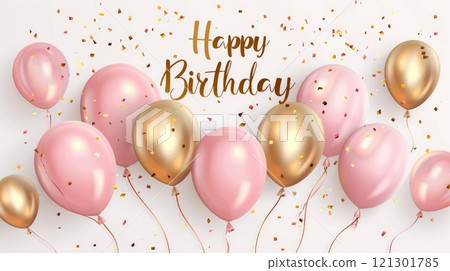 happy birthday greeting card with pink and golden balloons illustration 121301785