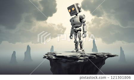 robot stands on high cliff on cloudy day illustration 121301806