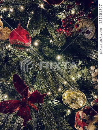 Christmas Tree with red Decorations . Festive concept. 121301807