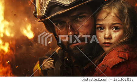 A firefighter helps a little girl, symbolizing heroism, compassion, and dedication to saving lives. The concept of bravery, rescue, and protection in emergencies. Generative AI. 121302032
