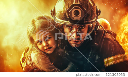 A firefighter helps a little girl, symbolizing heroism, compassion, and dedication to saving lives. The concept of bravery, rescue, and protection in emergencies. Generative AI. 121302033
