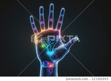 hologram of hand on black background. Futuristic transformation of technology 121302035