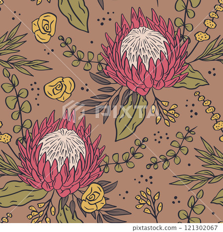 Seamless pattern with hand drawn protea flowers on brown background Seamless pattern with hand drawn protea flowers on brown background 121302067