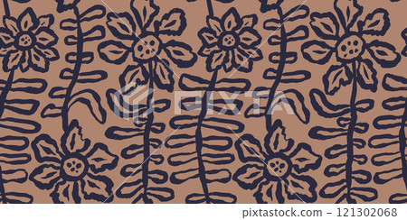 Brush strokes inky flowers brown seamless pattern Brush strokes inky flowers brown seamless pattern 121302068
