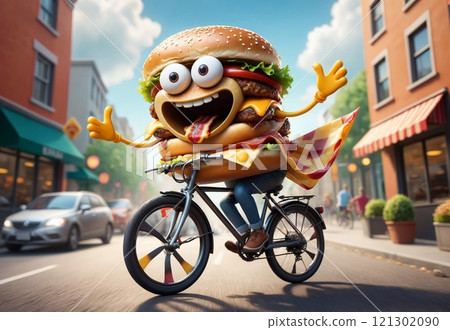 humorous cheeseburger close up riding a bike through the city 121302090