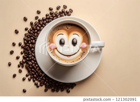 big cheerful mug with fresh brewed coffee, on light beige background 121302091