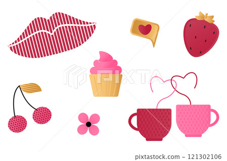 Set of elements with romantic symbols - lips, cupcake, flower, cherry, strawberry, SMS, cups with hearts. Illustrations on the theme of Valentine's Day, birthday. Vector illustration. 121302106