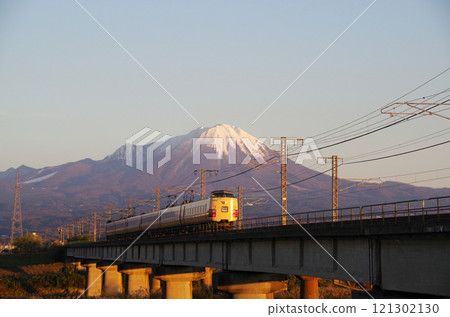 381 Series Yakumo Express (JNR livery) running through the Hino River with Mt. Beni Daisen in the background: Continuous shot 12/32 381 Series Yakumo Express (JNR livery) running through the Hino River with Mt. Beni Daisen in the background: Continuous shot 12/32 121302130