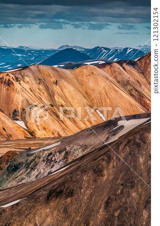 Volcanic mountain, dramatic ridges in Icelandic Highlands on summer at Landmannalaugar Volcanic mountain, dramatic ridges in Icelandic Highlands on summer at Landmannalaugar 121302154