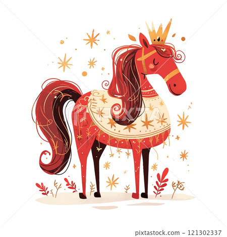 A horse with a crown on its head and a red and white outfit. The horse is standing in a field with stars in the background 121302337