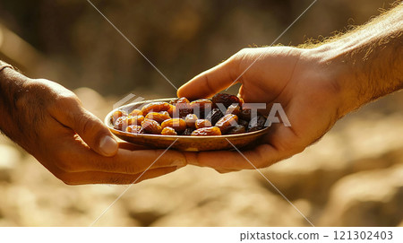Two hands holding a plate of dried fruit. Scene is warm and friendly, as the two people are sharing the fruit together 121302403