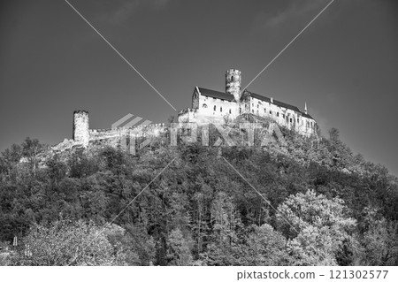 Bezdez Castle stands majestically on a hill, surrounded by vibrant autumn foliage. This historic Gothic fortress showcases the beauty of the Czech landscape during fall. 121302577