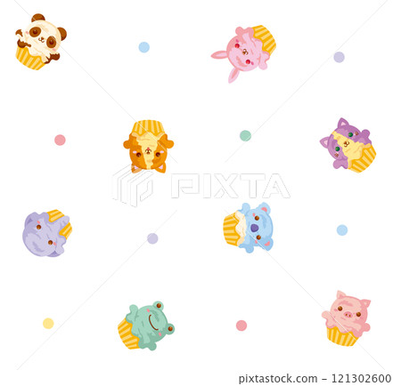 可愛的動物紙杯蛋糕和點的無盡圖案（透明背景） 121302600