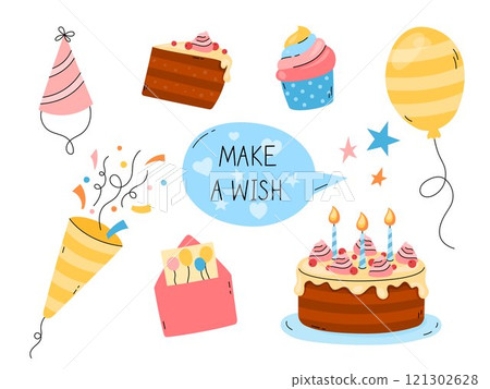 Happy Birthday vector elements set, greeting card. Make a Wish lettering. Funny flat colorful hand drawn kid bday design objects isolated Happy Birthday vector elements set, greeting card. Make a Wish lettering. Funny flat colorful hand drawn kid bday design objects isolated 121302628