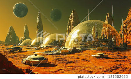 A space colony with many domes and a large planet in the background. The domes are gold and the planet is orange 121302653