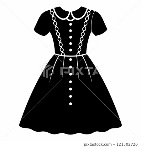 Charming vector art of a vintage polka dot eyelet baby girls dress silhouette. Perfect for retro fashion, babywear, and creative graphic design projects. Charming vector art of a vintage polka dot eyelet baby girls dress silhouette. Perfect for retro fashion, babywear, and creative graphic design projects. 121302720