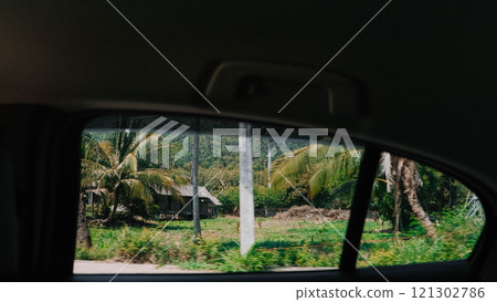 From the back seat of a car, one can see a beautiful and lush green field From the back seat of a car, one can see a beautiful and lush green field 121302786