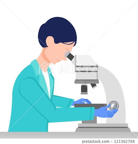 A scientist wearing a blue lab coat and gloves closely examines a specimen under a microscope.  121302788