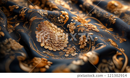 Luxurious patterned fabric with intricate floral designs in rich colors 121302914