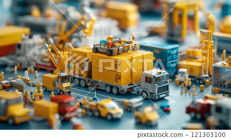 vibrant scene of miniature construction vehicles and containers, showcasing busy worksite 121303100