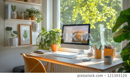 bright and inviting workspace featuring computer, plants, and natural light bright and inviting workspace featuring computer, plants, and natural light 121303120