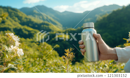 person holds stainless steel water bottle in lush green landscape 121303152