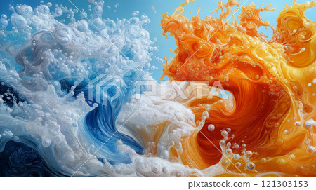 Dynamic waves of blue and orange create vibrant, energetic scene 121303153